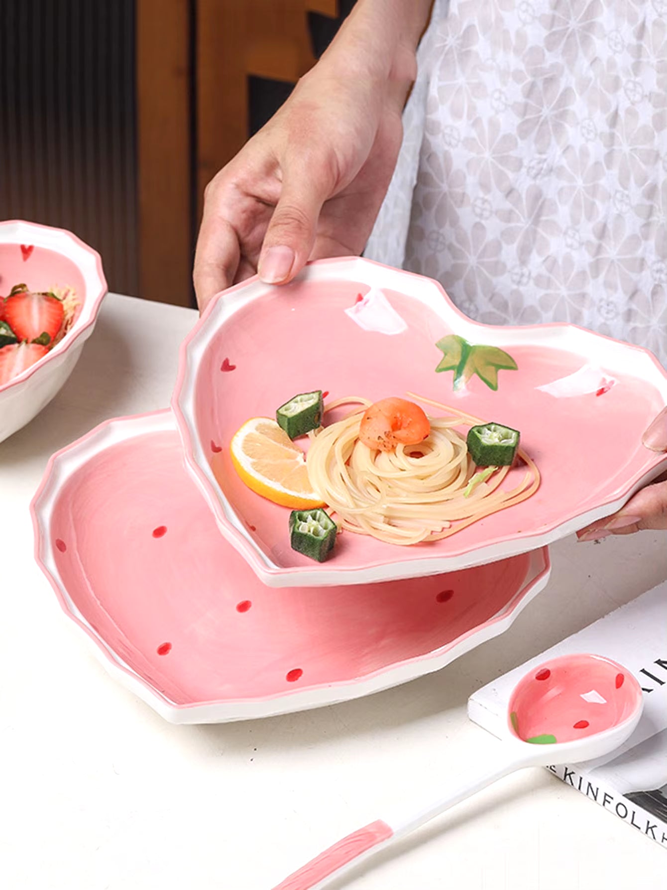 Angelic Kitchenware™ Strawberry Heart Bowl Spoon + Plate